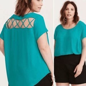 Torrid Teal Georgette Cage Back Cutout Blouse Top Size 1X